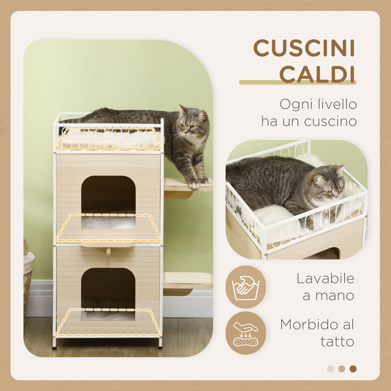 Casetta per Gatti 3 Piani 40x40x84 cm con Tiragraffi Legno e Bianco-5