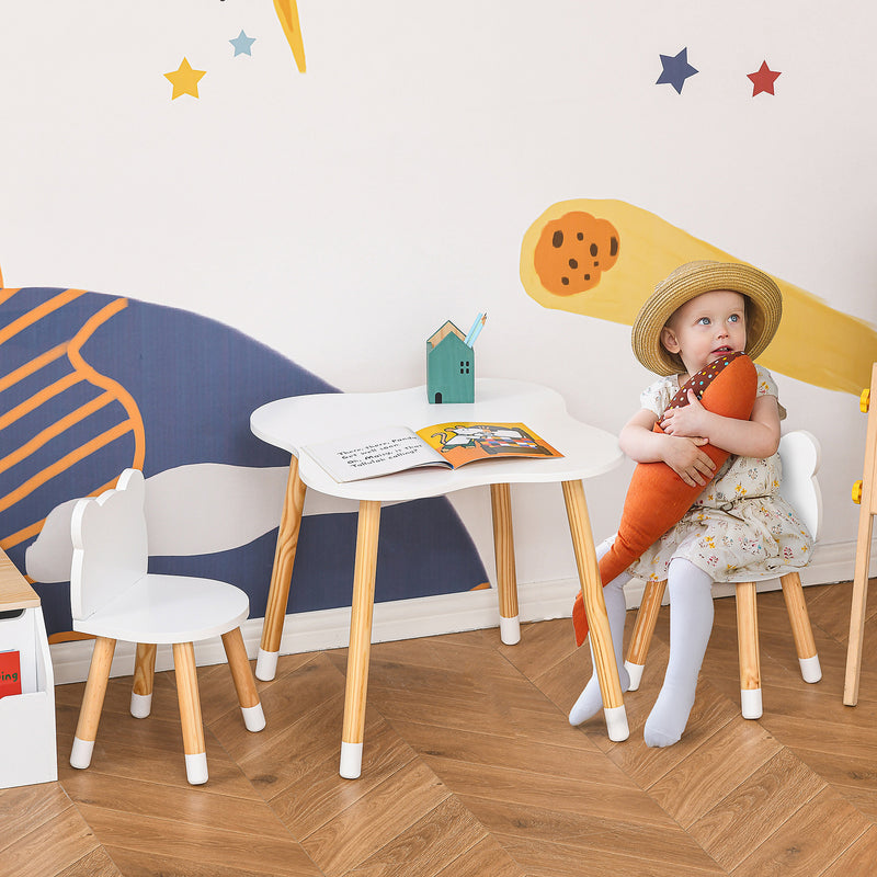 Set Tavolino con 2 Sedie per Bambini a Forma di Orsetto in Legno di Pino e MDF Bianco-2