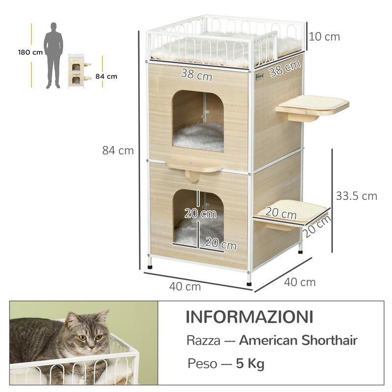 Casetta per Gatti 3 Piani 40x40x84 cm con Tiragraffi Legno e Bianco-3