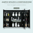 Armadietto a Specchio per Bagno 3 Ante 90x15x65 cm con Luce LED Nero-4