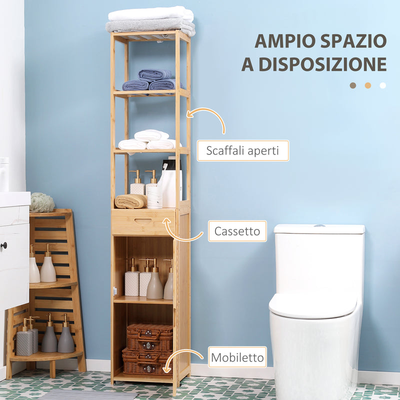 Mobile Bagno Alto 3 Ripiani 1 Cassetto e 1 Armadietto 32x30x163 cm in Bambù color Legno-4