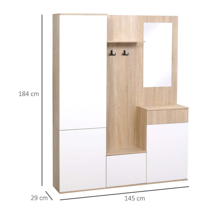 Mobile da Ingresso 4 in 1 con Specchio 145x29x184 cm in Truciolato Bianco e Legno Naturale-3