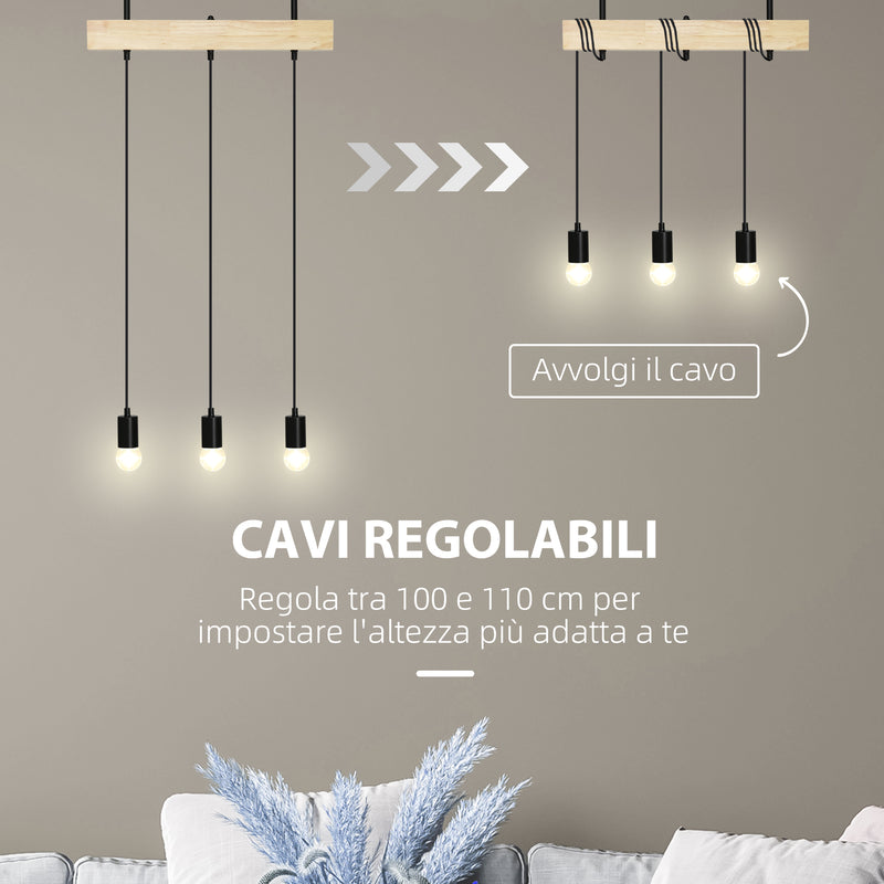 Lampadario a Sospensione 50x8x33 cm con 3 Lampadine in Legno e Metallo Nero-5