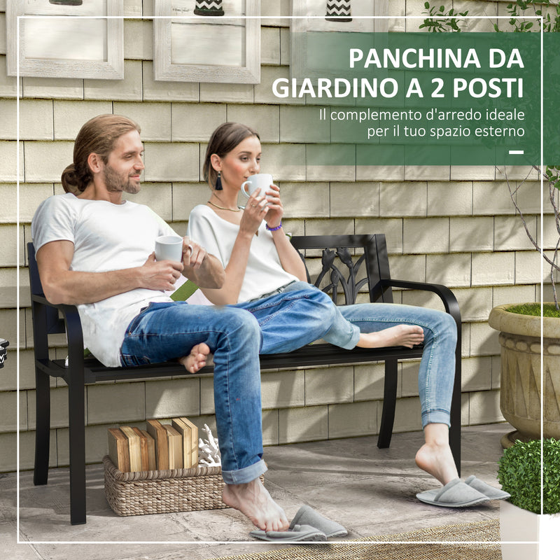 Panchina da Giardino  2 Posti  con Schienale Decorato e Braccioli 125x50x75 cm in Acciaio Nero-4