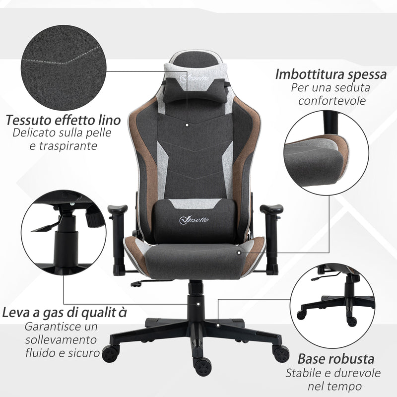 Sedia da Gaming 66x53x124-134 cm Reclinabile a 150° con Funzione Dondolo Grigio-8