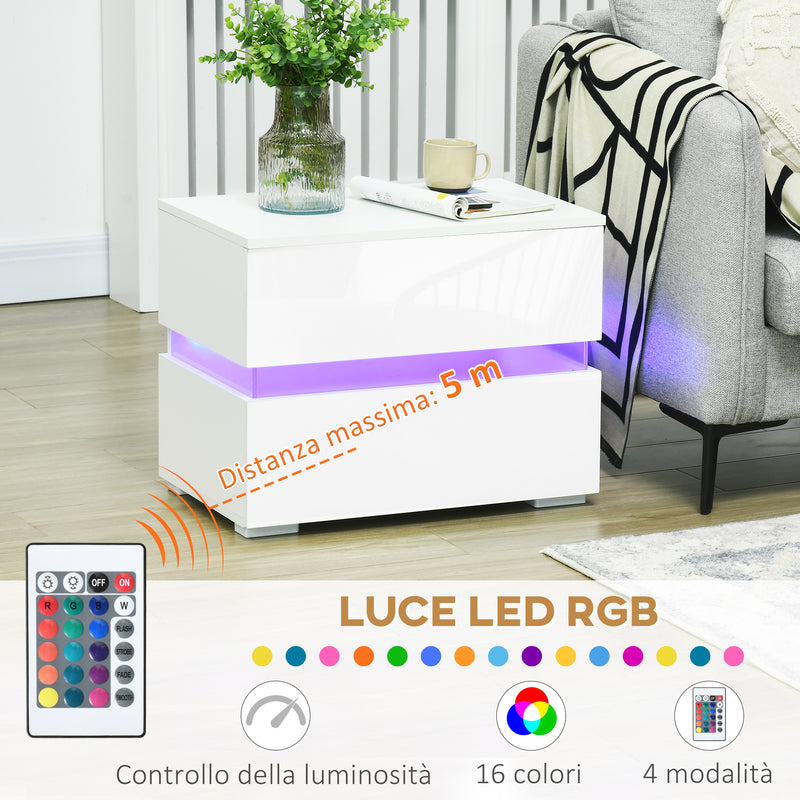 Comodino 2 Cassetti 60x39x47 cm con LED in Truciolato Bianco-4