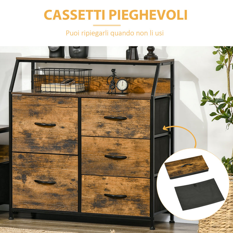 Mobile Cassettiera 5 Cassetti in Tessuto Pieghevoli 83,5x29x87 cm Stile Industriale Marrone-5