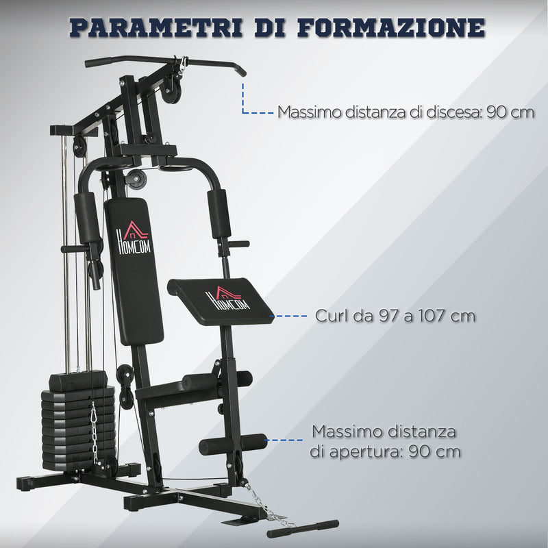 Stazione Fitness Multifunzione Power Tower 135x103x210 cm con Pesi fino 45kg e Panca Imbottita Nera-6