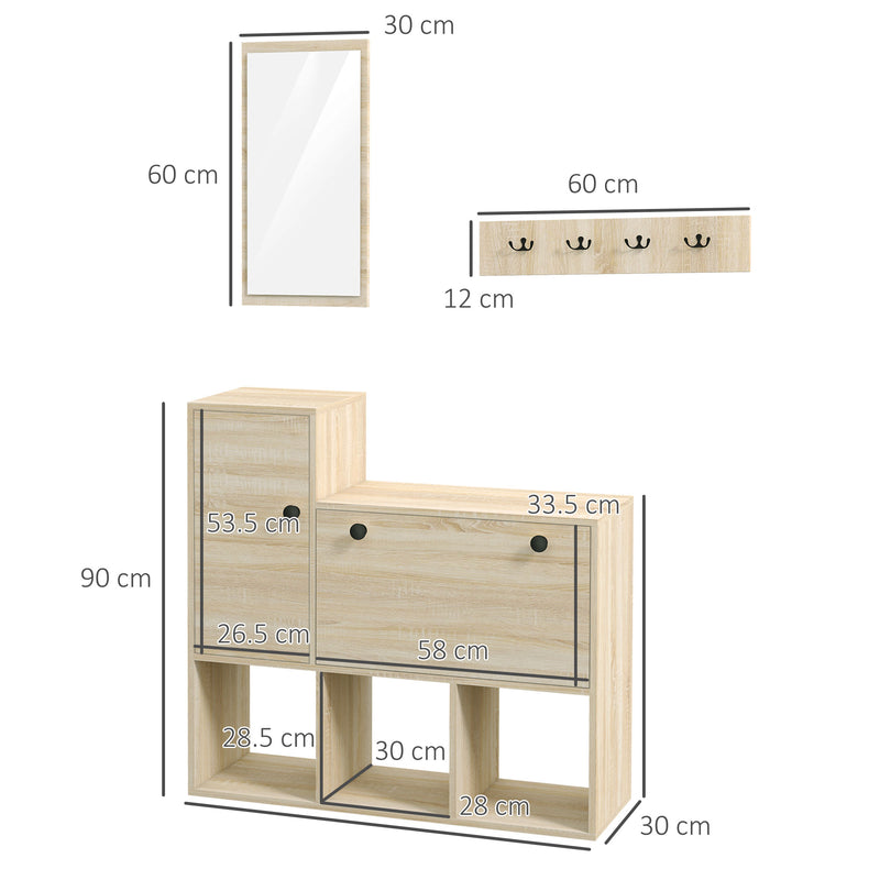 Mobile Ingresso 3 in 1 con Scarpiera Appendiabiti e Specchio Colore Legno Naturale e Nero-3