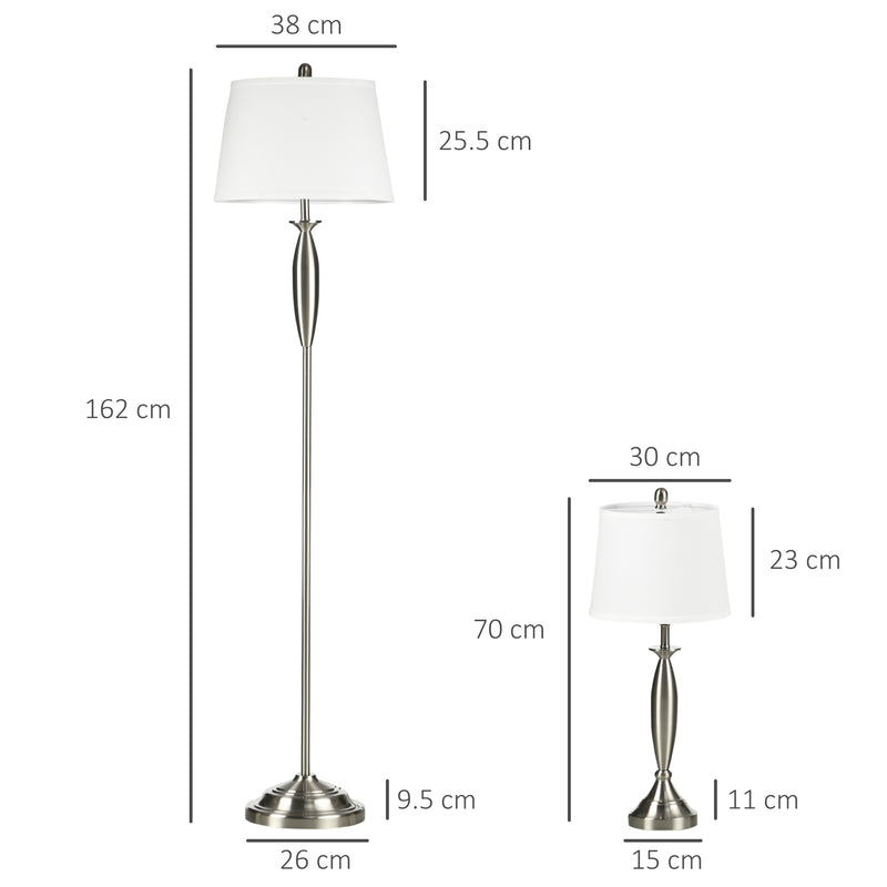 Set Lampada da Terra e Lampada da Tavolo 40W Attacco E27 in Acciaio e Tessuto Bianco e Argento-3