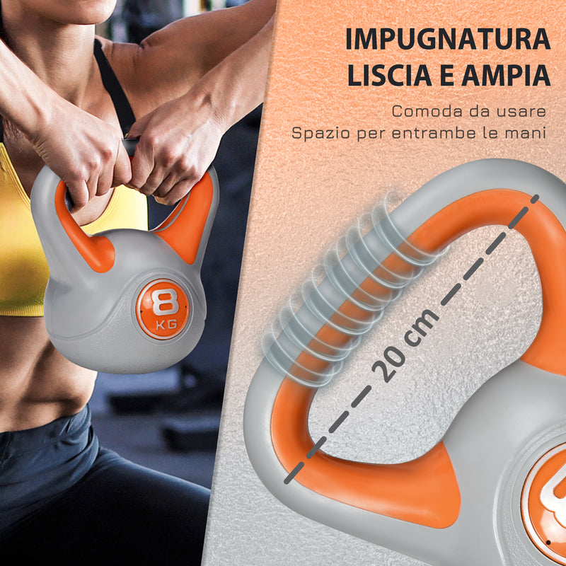 Kettlebell per Allenamento 8 Kg Base Piatta e Impugnatura per Stacchi in PU e Sabbia Arancione-4