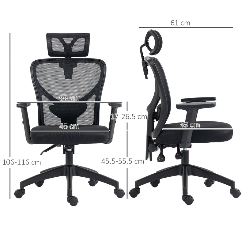 Sedia da Ufficio Ergonomica con Altezza Regolabile Supporto Lombare e Poggiatesta 66x61x106-116 cm  Nero-3