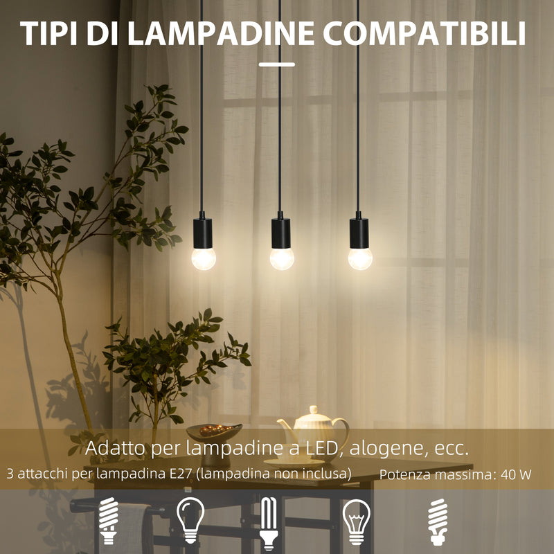 Lampadario a Sospensione 50x8x33 cm con 3 Lampadine in Legno e Metallo Nero-6