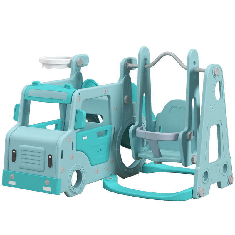 Scivolo per Bambini 201x151x87,5 cm con Altalena Macchina e Canestro Azzurro-1