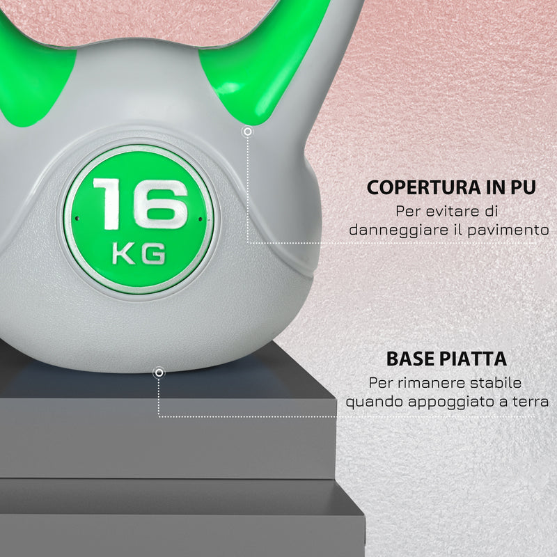 Kettlebell per Allenamento 16 Kg Base Piatta e Impugnatura per Stacchi in PU e Sabbia Verde-6