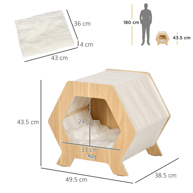 Cuccia per Gatti 49,5x38,5x43,5 cm in Legno e Tessuto con Cuscino in Peluche Quercia e Bianco-3