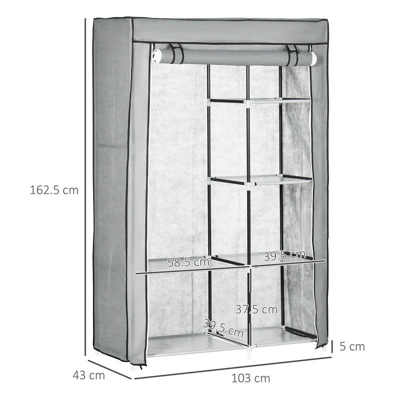 Armadio Guardaroba da Campeggio 103x43x162,5 cm 6 Ripiani Aperti e un Appendino in Tessuto non Tessuto Grigio-3