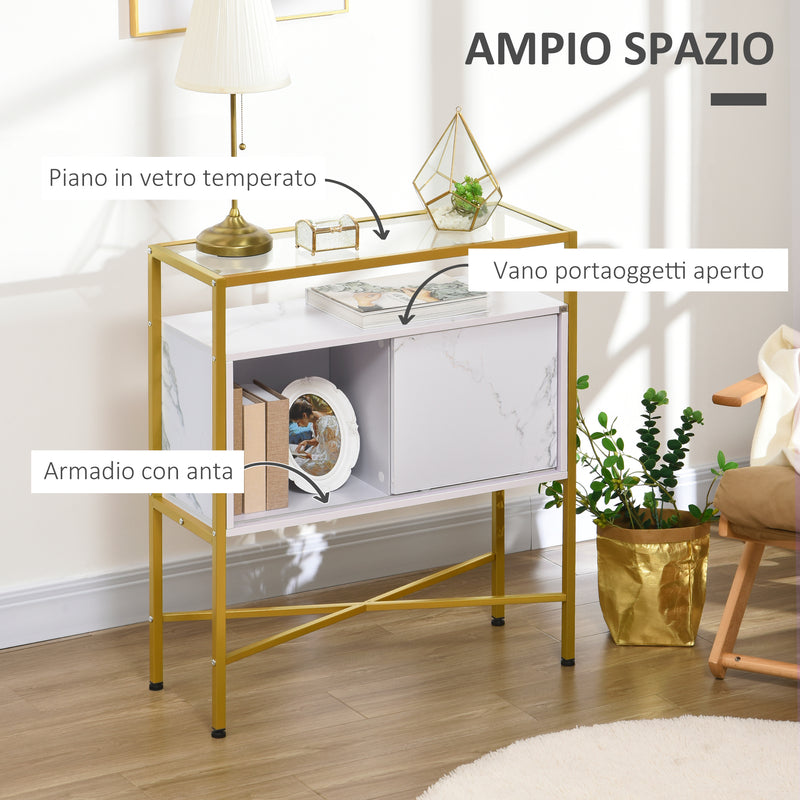 Mobile Soggiorno con Piano in Vetro 80x30x90 cm in MDF e Acciaio Bianco e Oro-4