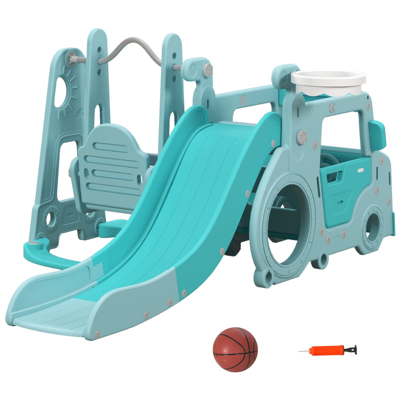 Scivolo per Bambini 201x151x87,5 cm con Altalena Macchina e Canestro Azzurro-9